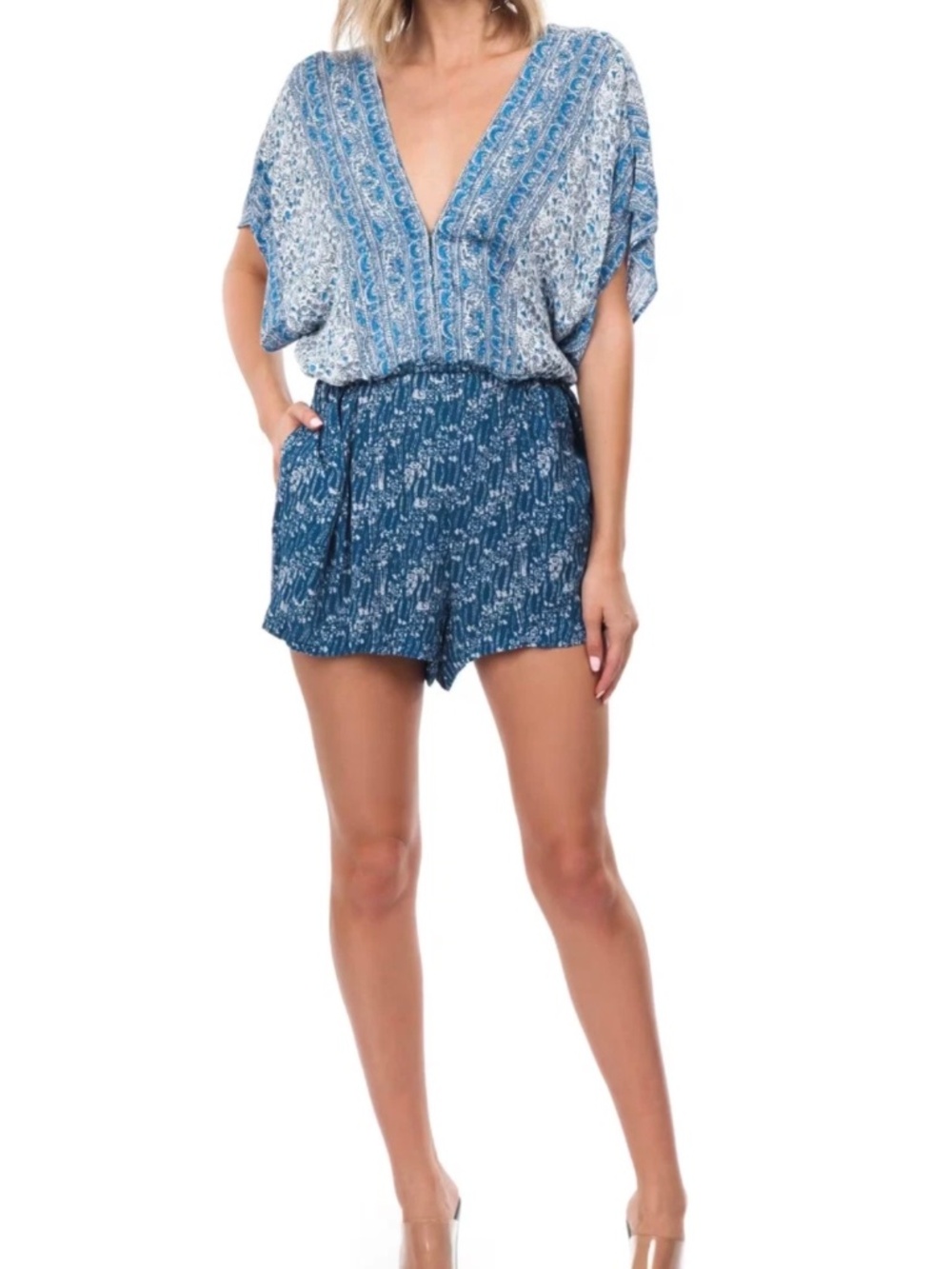 Free People Arizona Blue Floral Patterned Romper SzLg